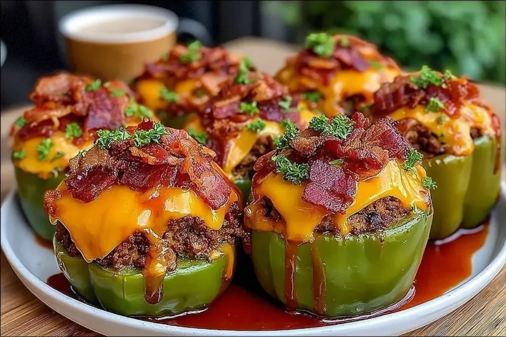 BBQ Bacon Cheeseburger Stuffed Peppers overflowing with cheddar cheese, crispy bacon, and savory sauce on a white plate, garnished with parsley.
