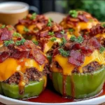 BBQ Bacon Cheeseburger Stuffed Peppers overflowing with cheddar cheese, crispy bacon, and savory sauce on a white plate, garnished with parsley.