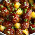 Slow Cooker Pineapple Barbecue Meatballs coated in tangy barbecue sauce with pineapple chunks and green onions served in a white bowl.