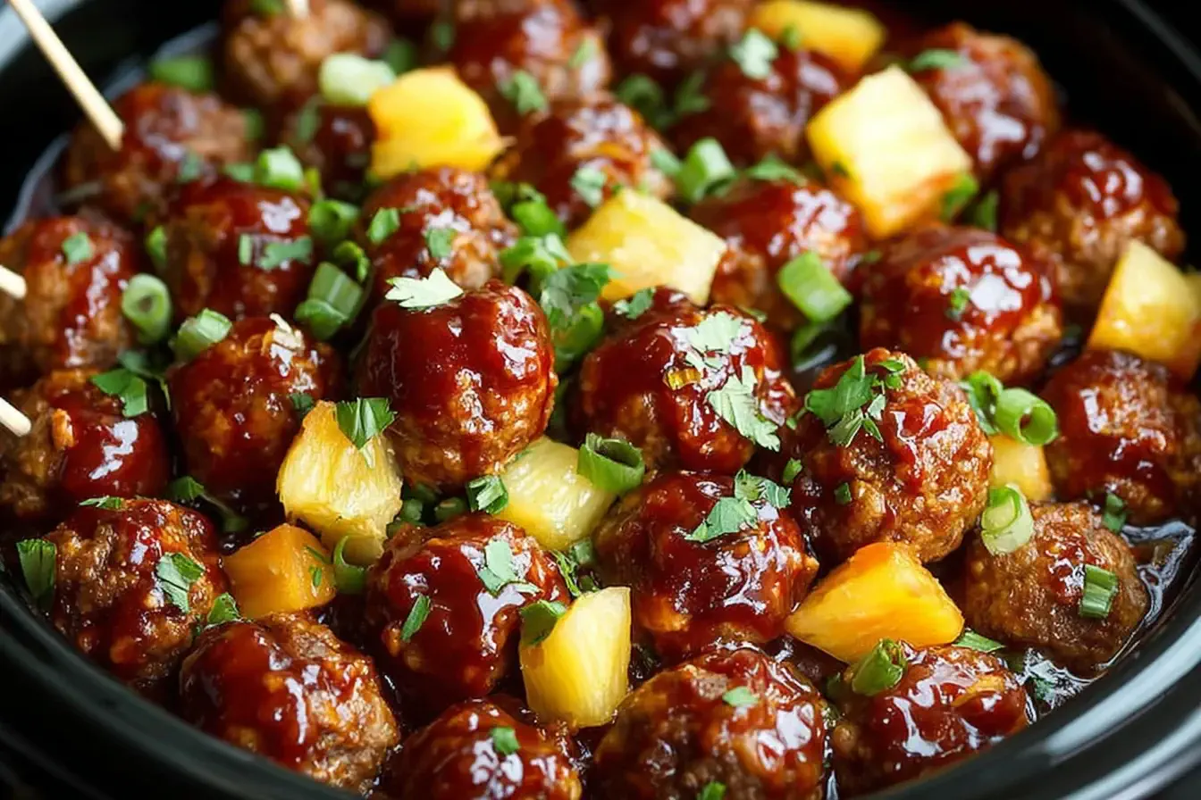 Slow Cooker Pineapple Barbecue Meatballs simmering in a sweet and tangy sauce with pineapple chunks and fresh herbs in a crockpot.