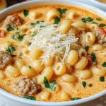 Creamy Parmesan Italian Sausage Ditalini Soup topped with fresh parsley and Parmesan cheese served in a white bowl