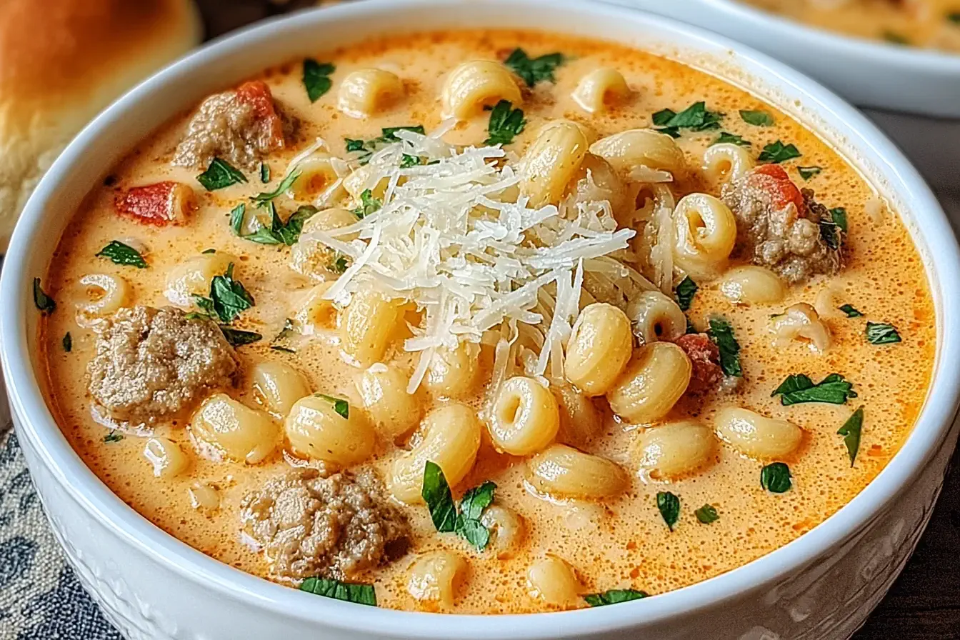 Creamy Parmesan Italian Sausage Ditalini Soup topped with fresh parsley and Parmesan cheese served in a white bowl