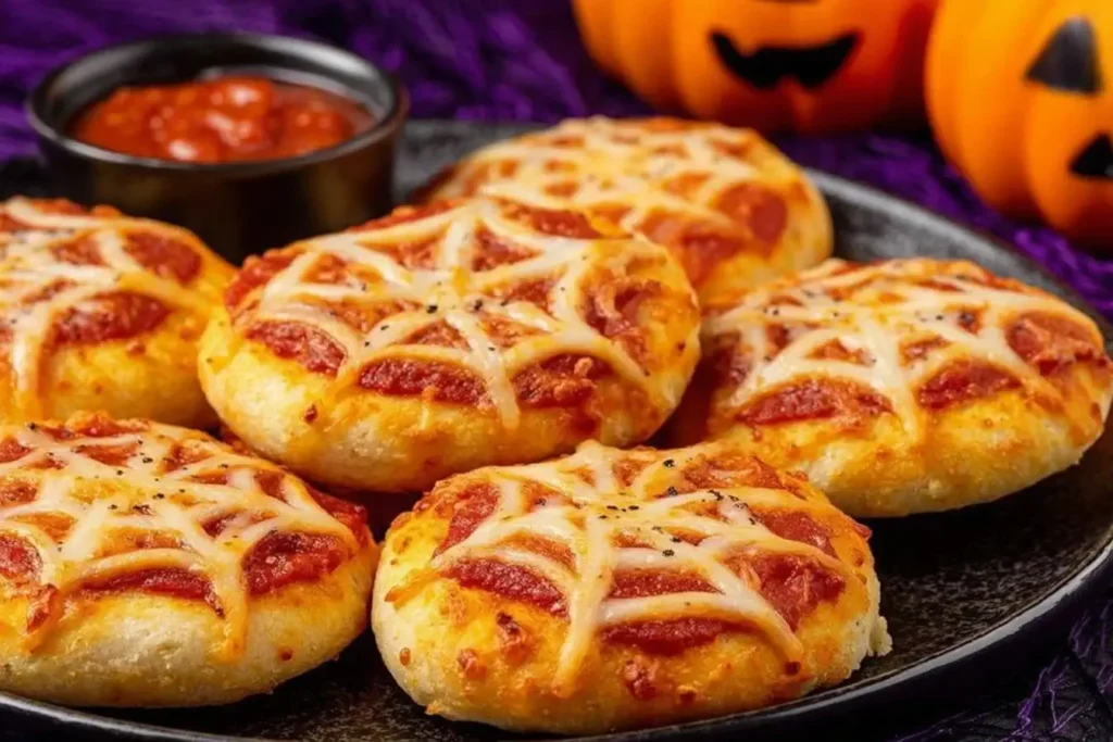 Creepy Cute Spiderweb Pizza Bites served with marinara dip, a fun and spooky Halloween party snack.