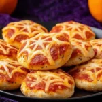 Creepy Cute Spiderweb Pizza Bites with melted cheese webs on mini pizzas, perfect for Halloween parties.