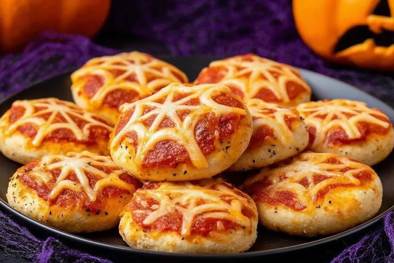 Creepy Cute Spiderweb Pizza Bites with melted cheese webs on mini pizzas, perfect for Halloween parties.