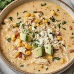 Bowl of creamy Mexican Street Corn White Chicken Chili topped with avocado, cotija cheese, and corn.