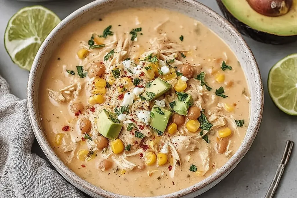 Creamy Mexican Street Corn White Chicken Chili in a bowl topped with avocado, corn, beans, and cilantro.