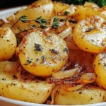Golden, tender Slow Cooker Lipton Onion Potatoes garnished with herbs in a white serving bowl.