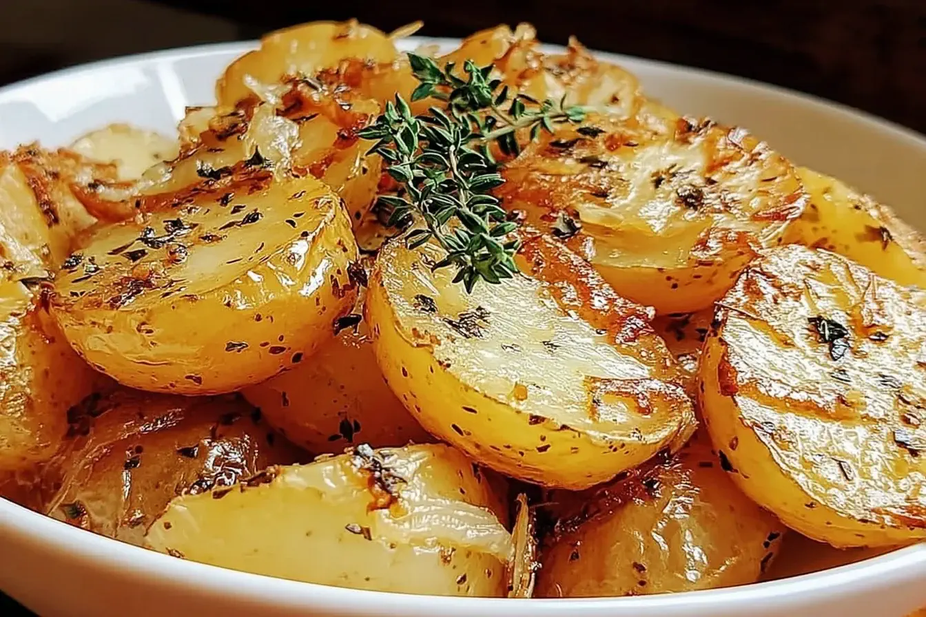 Crispy golden Slow Cooker Lipton Onion Potatoes with herbs served in a white bowl.