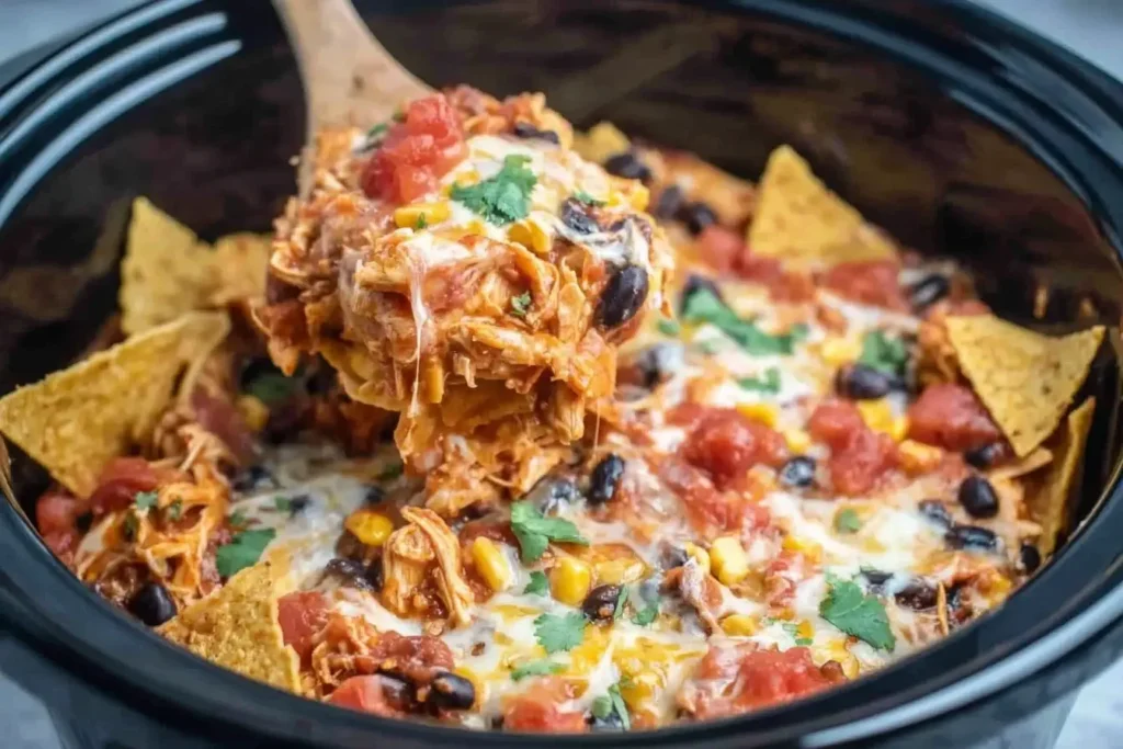 Crockpot Chicken Enchilada Casserole with shredded chicken, beans, corn, and melted cheese served straight from the slow cooker.