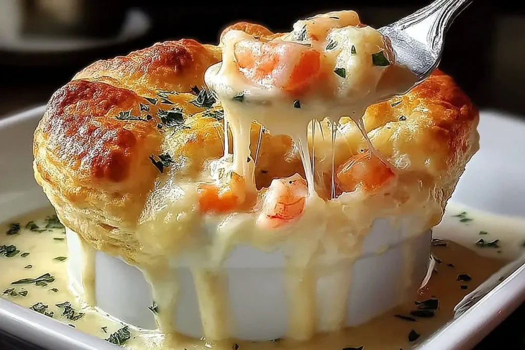 Cheddar Bay Biscuit Seafood Pot Pie with golden biscuit crust and creamy shrimp filling