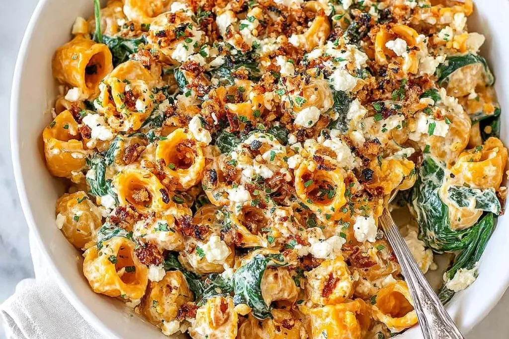 Close-up of creamy Pumpkin Feta Pasta with spinach, crumbled feta, and crispy golden topping in a serving bowl.