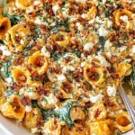 Close-up of creamy Pumpkin Feta Pasta with spinach, crumbled feta, and crispy golden topping in a serving bowl.