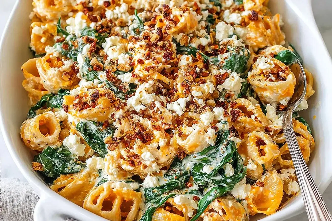 Creamy Pumpkin Feta Pasta with spinach, crumbled feta, and crispy toppings served in a white dish.