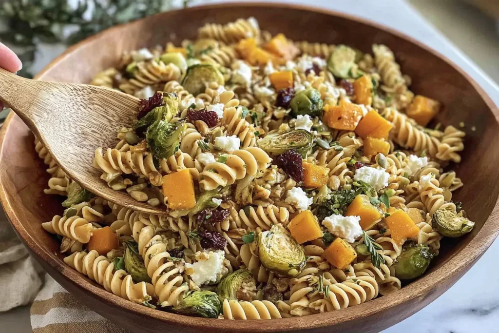 Fall Pasta Salad with roasted butternut squash, Brussels sprouts, cranberries, and goat cheese served in a wooden bowl.