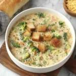 Creamy smoked gouda broccoli soup topped with golden croutons in a white bowl, served with fresh bread on the side.