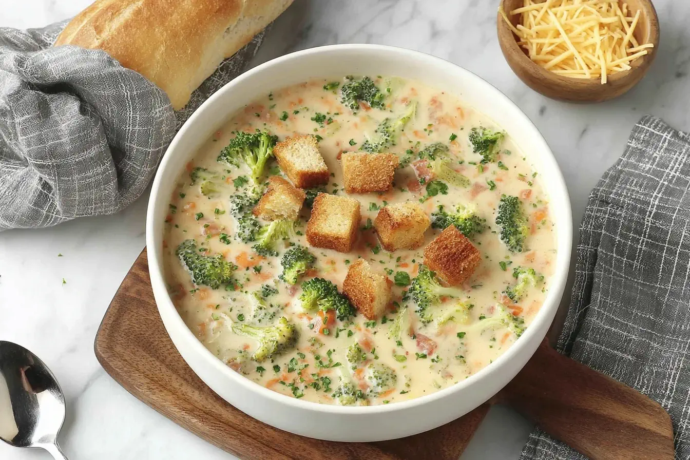 Creamy smoked gouda broccoli soup topped with golden croutons in a white bowl, served with fresh bread on the side.
