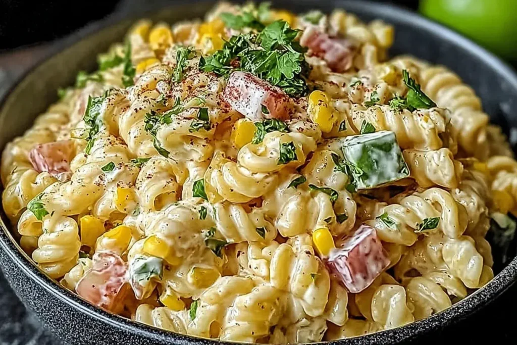 Creamy Mexican Street Corn Pasta Salad with rotini pasta, corn, bell peppers, and cilantro in a black bowl.