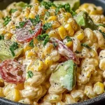 Creamy Mexican Street Corn Pasta Salad with avocado, cherry tomatoes, corn, and fresh cilantro in a black bowl.