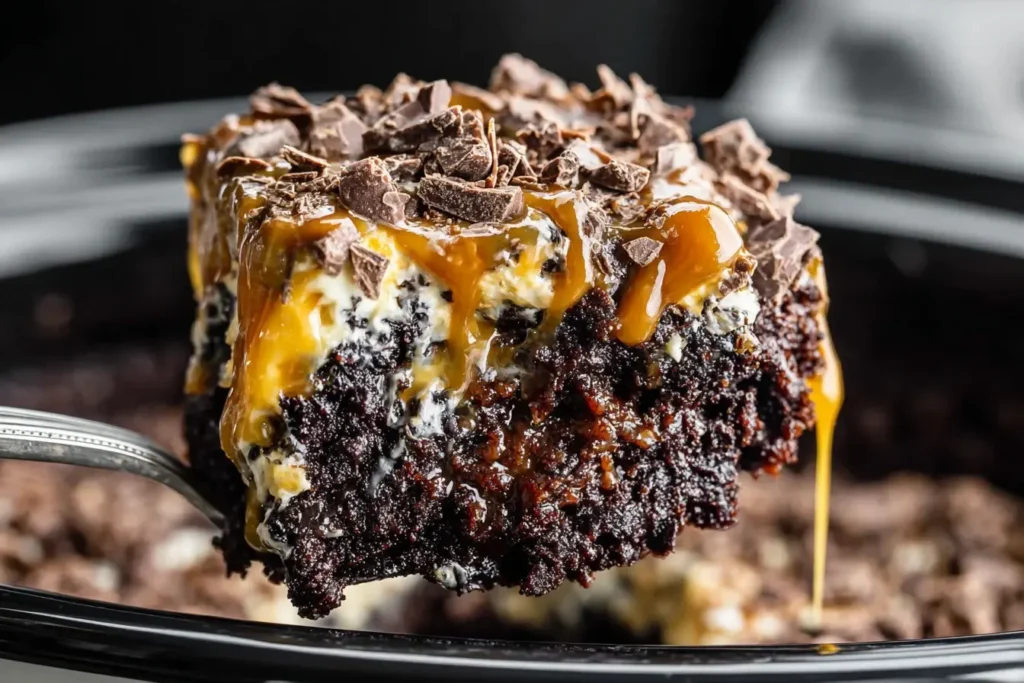 Close-up of a gooey slice of Slow Cooker Better Than Sex Cake dripping with caramel, chocolate chunks, and creamy layers on a serving spoon.
