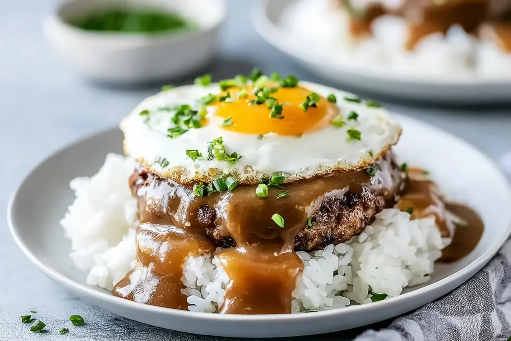 Hawaiian Loco Moco with rice, juicy beef patty, savory brown gravy, and a fried egg topped with fresh chives.