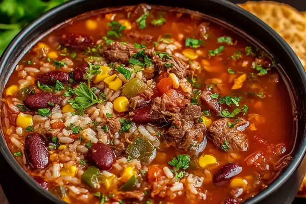 Mexican Beef and Rice Soup with tender beef chunks, beans, corn, rice, and fresh cilantro in a rich tomato broth.