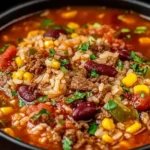 Mexican Beef and Rice Soup with ground beef, beans, corn, and rice in a hearty tomato broth, garnished with cilantro.