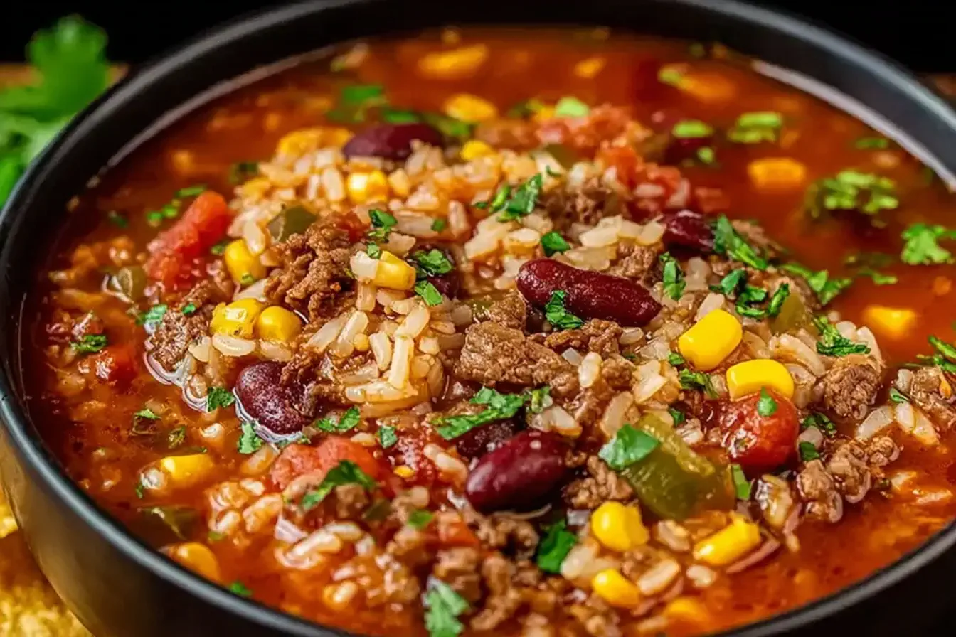 Mexican Beef and Rice Soup with ground beef, beans, corn, and rice in a hearty tomato broth, garnished with cilantro.