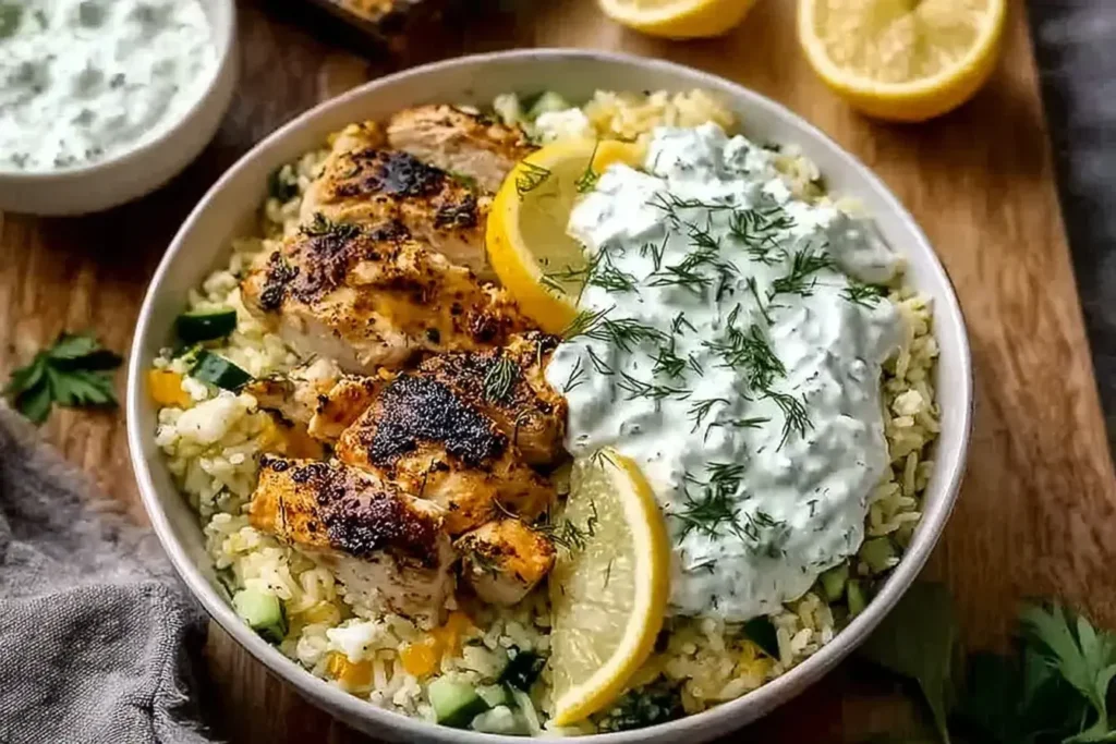 Bowl of Dump and Bake Chicken Tzatziki Casserole with lemon slices, fresh dill, and creamy tzatziki sauce served over rice.