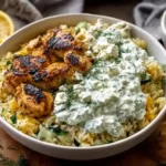 Baked bowl of rice, seasoned chicken, and creamy tzatziki sauce served fresh as Dump and Bake Chicken Tzatziki Casserole.