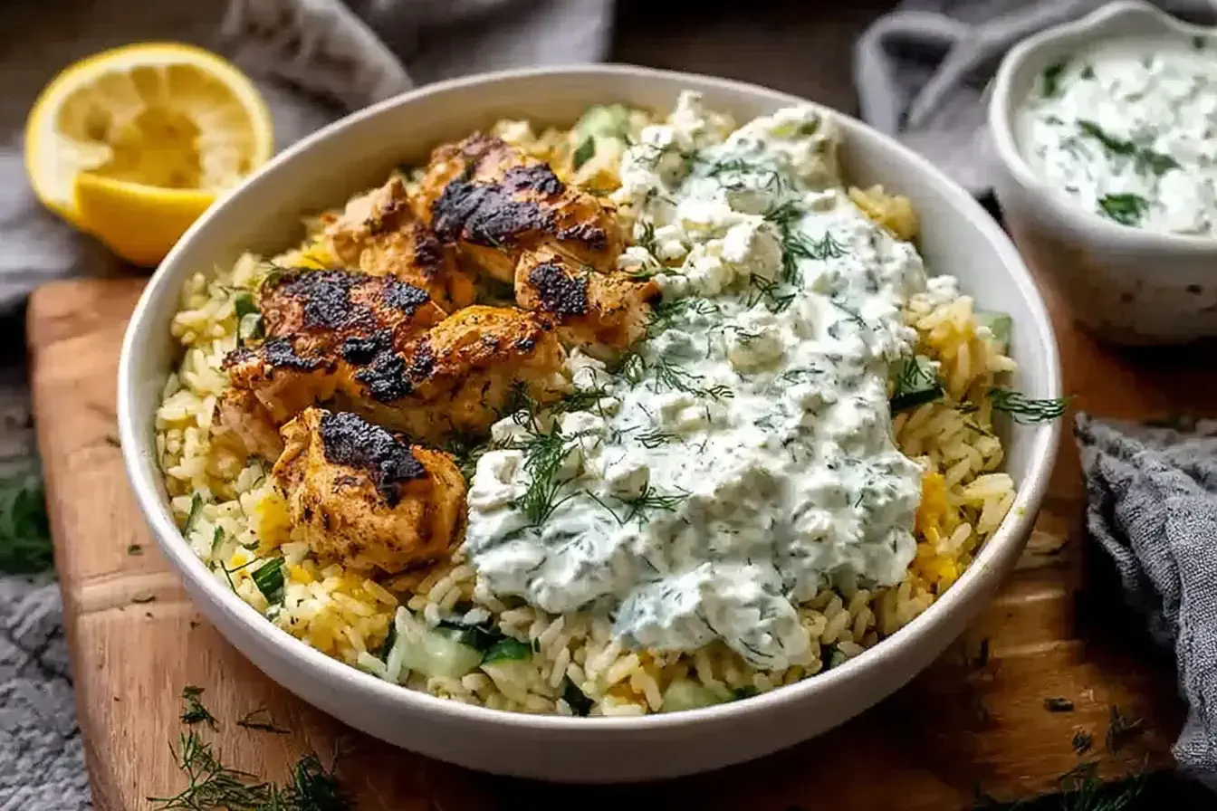 Baked bowl of rice, seasoned chicken, and creamy tzatziki sauce served fresh as Dump and Bake Chicken Tzatziki Casserole.