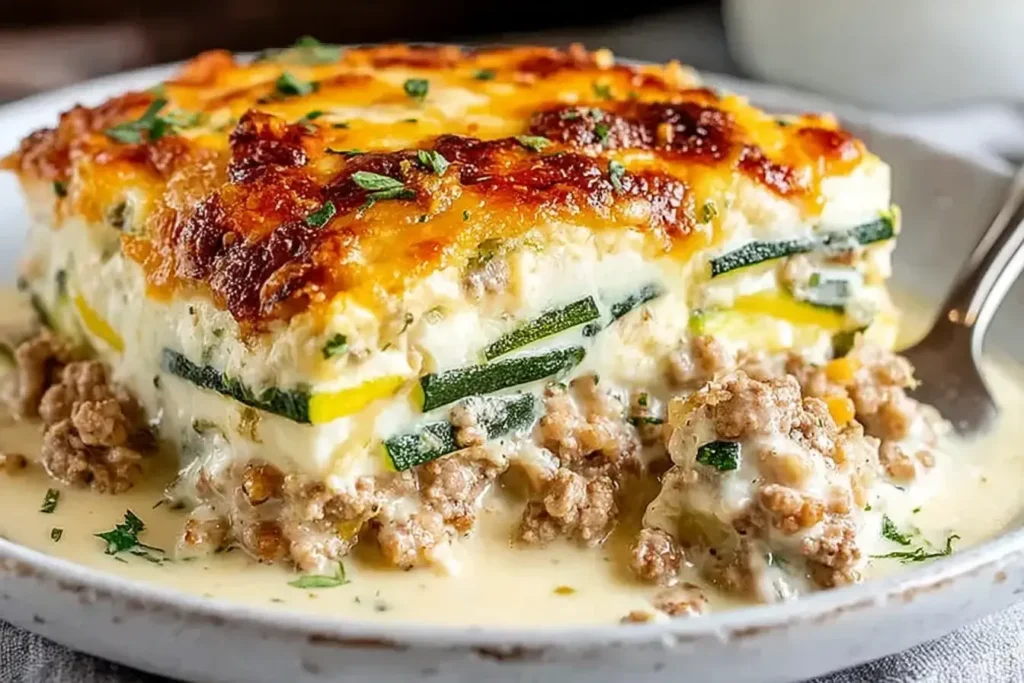 Close-up slice of creamy Ground Turkey Zucchini Casserole layered with zucchini, cheese, and savory turkey in a white dish.