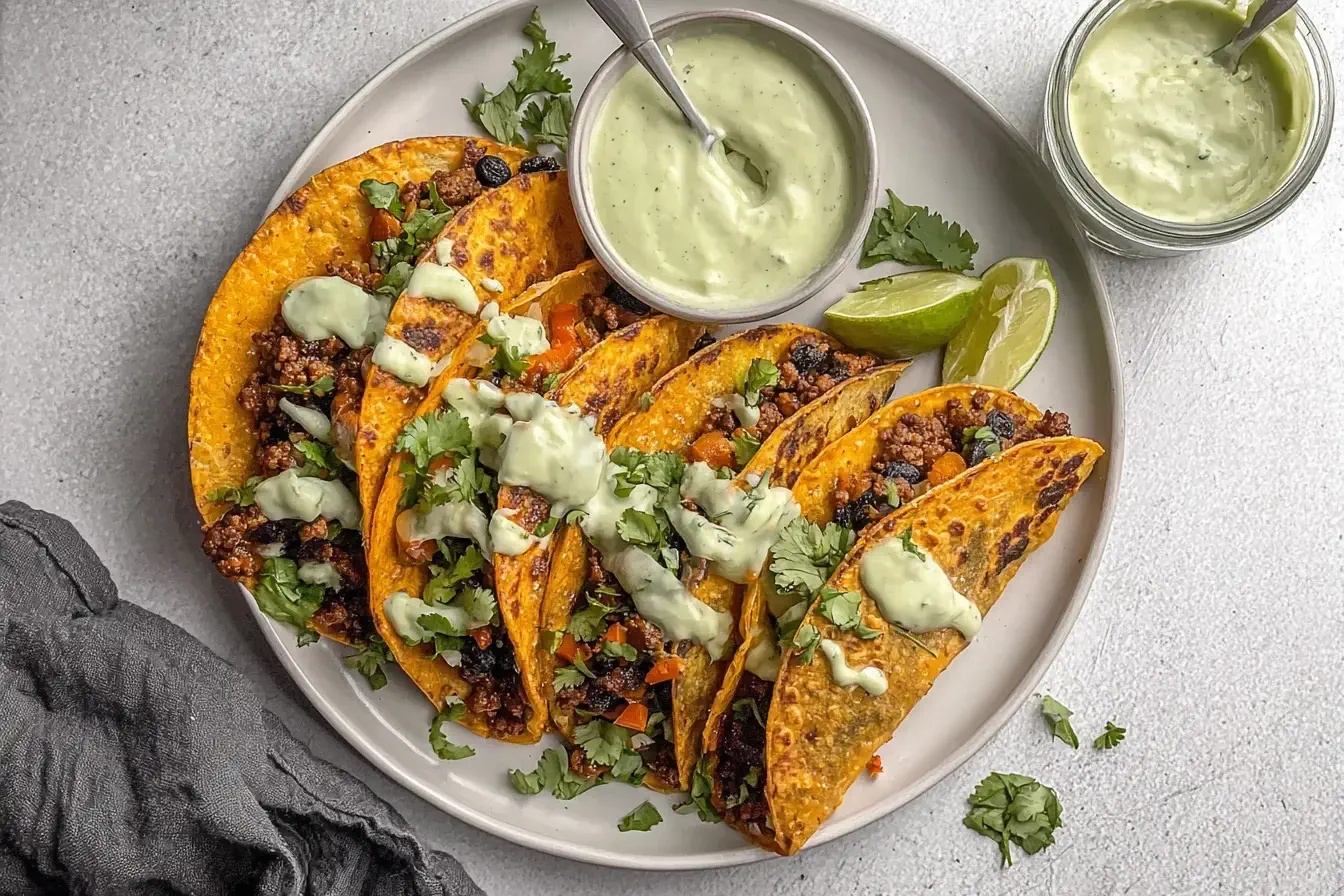 Crispy Baked Ground Turkey Tacos with avocado sauce, black beans, and fresh cilantro served on a plate with lime wedges.