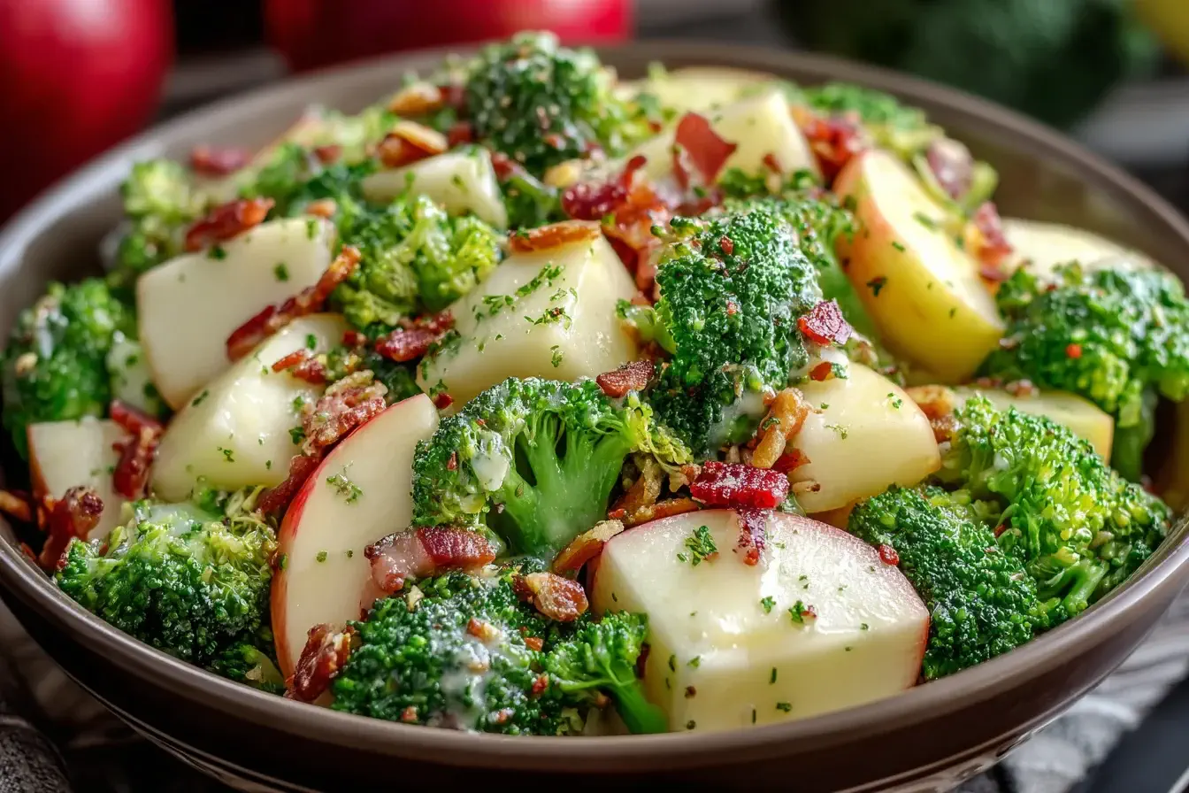 Honeycrisp Apple Broccoli Salad with fresh apples, broccoli, crispy bacon, and creamy dressing in a serving bowl.
