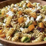 Fall Pasta Salad with butternut squash, Brussels sprouts, goat cheese, and cranberries in a wooden bowl.