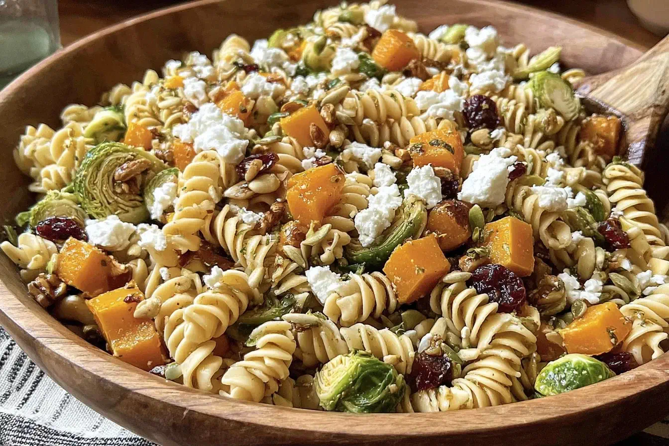 Fall Pasta Salad with butternut squash, Brussels sprouts, goat cheese, and cranberries in a wooden bowl.