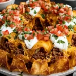 Bundt Pan Nachos topped with melted cheese, seasoned beef, sour cream, diced tomatoes, and cilantro served on a white plate.