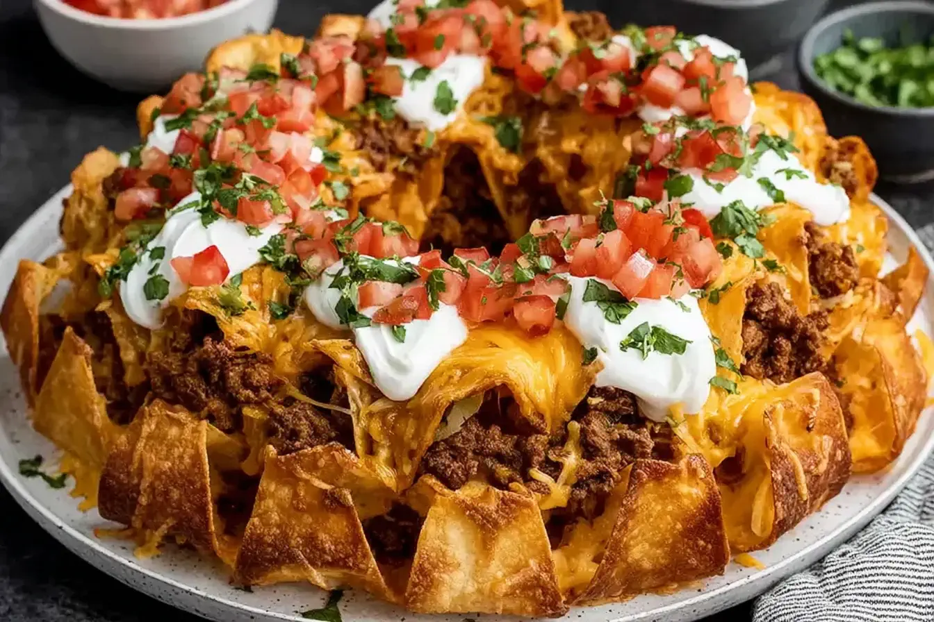 Bundt Pan Nachos topped with melted cheese, seasoned beef, sour cream, diced tomatoes, and cilantro served on a white plate.