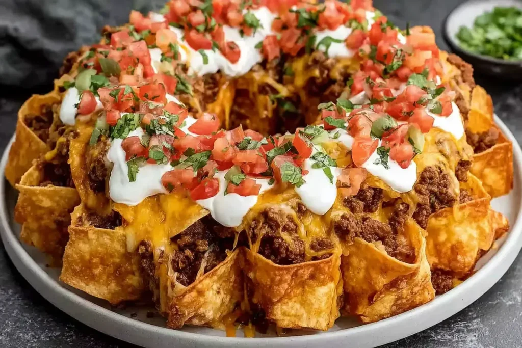 Bundt Pan Nachos baked with layers of cheese, ground beef, and tortilla chips, topped with sour cream, tomatoes, and cilantro on a serving plate.