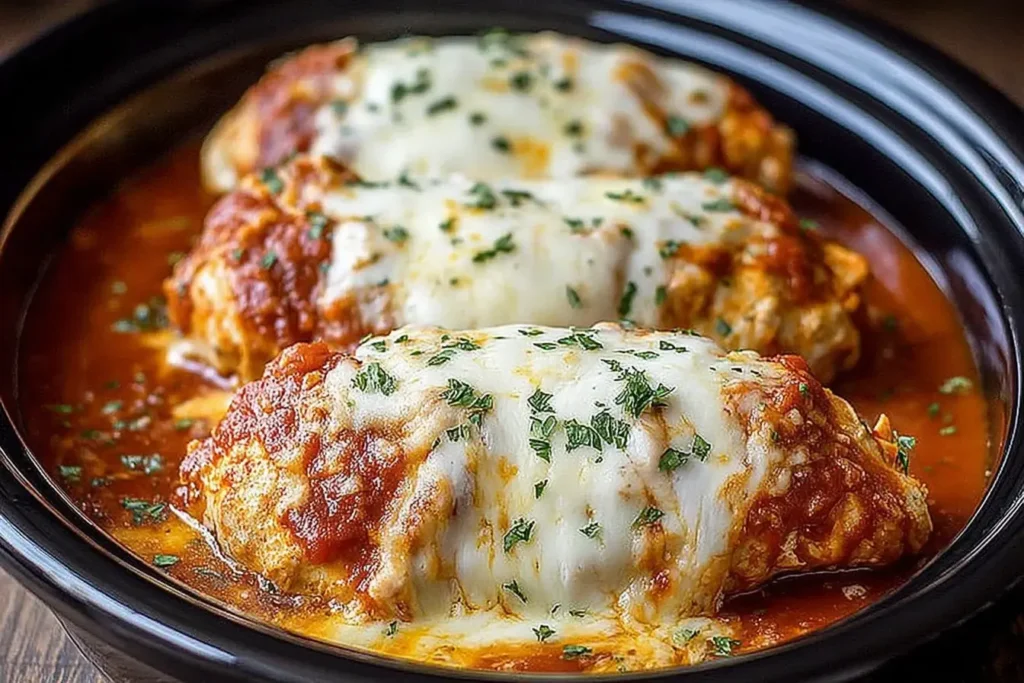 Slow Cooker Cheesy Mozzarella Chicken with marinara sauce and melted cheese