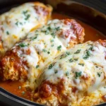 Slow Cooker Cheesy Mozzarella Chicken with marinara sauce and melted cheese