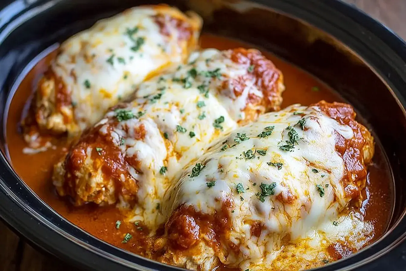 Slow Cooker Cheesy Mozzarella Chicken with marinara sauce and melted cheese