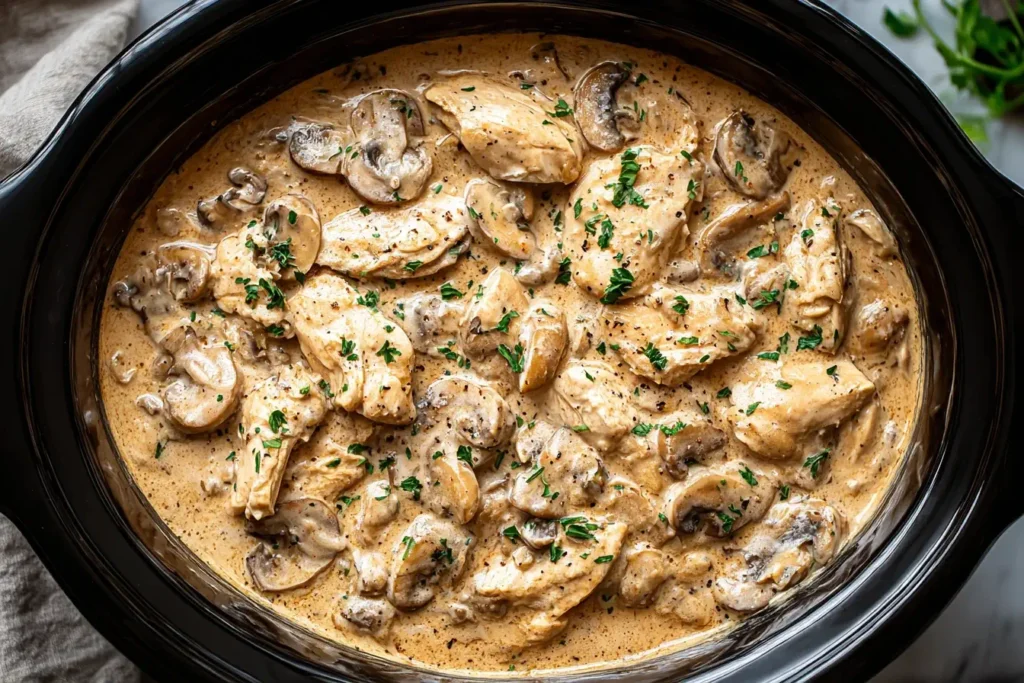 Crockpot Chicken Stroganoff with creamy sauce, tender chicken, and mushrooms, topped with fresh parsley.