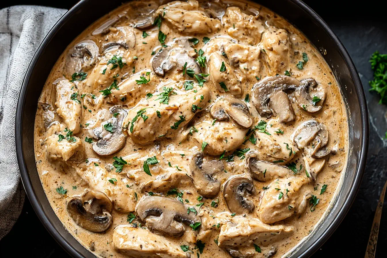 Crockpot Chicken Stroganoff with tender chicken and creamy mushroom sauce garnished with fresh parsley.