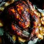 Cider Brined Roast Chicken with golden crispy skin, surrounded by roasted apples, herbs, and cider glaze on a dark platter.