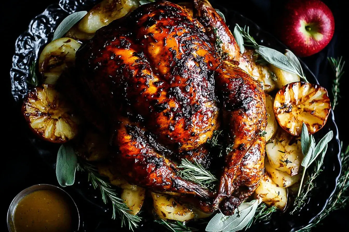 Cider Brined Roast Chicken with golden crispy skin, surrounded by roasted apples, herbs, and cider glaze on a dark platter.