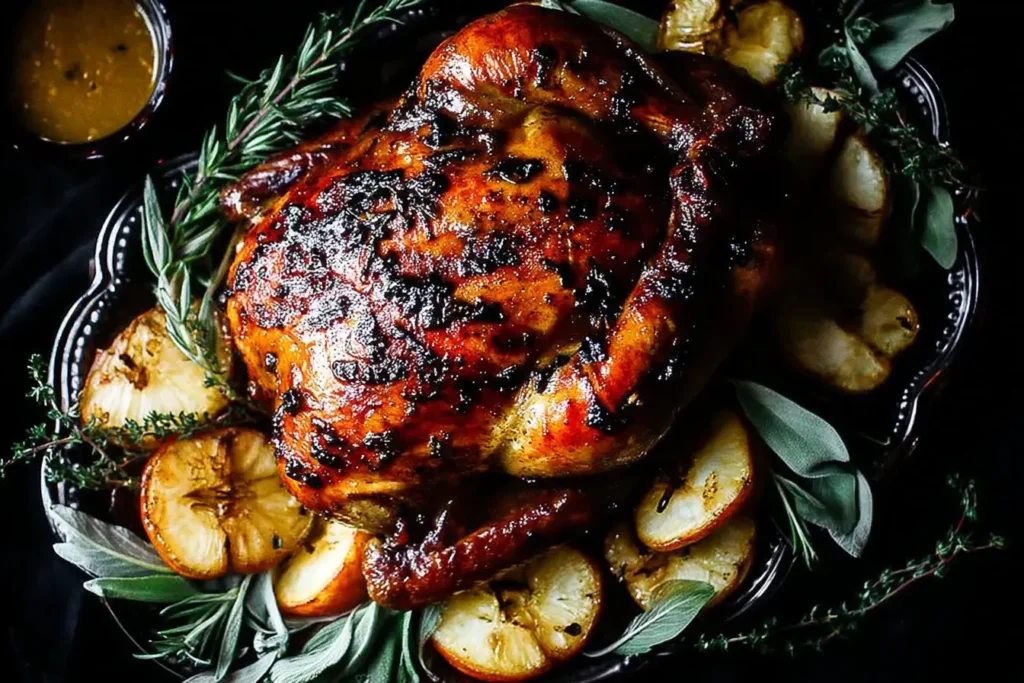 Cider Brined Roast Chicken surrounded by roasted apples, fresh herbs, and rich pan gravy on a dark platter.