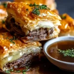 Golden, flaky French Dip Squares layered with tender roast beef and melted Swiss cheese served with a warm beef broth for dipping.