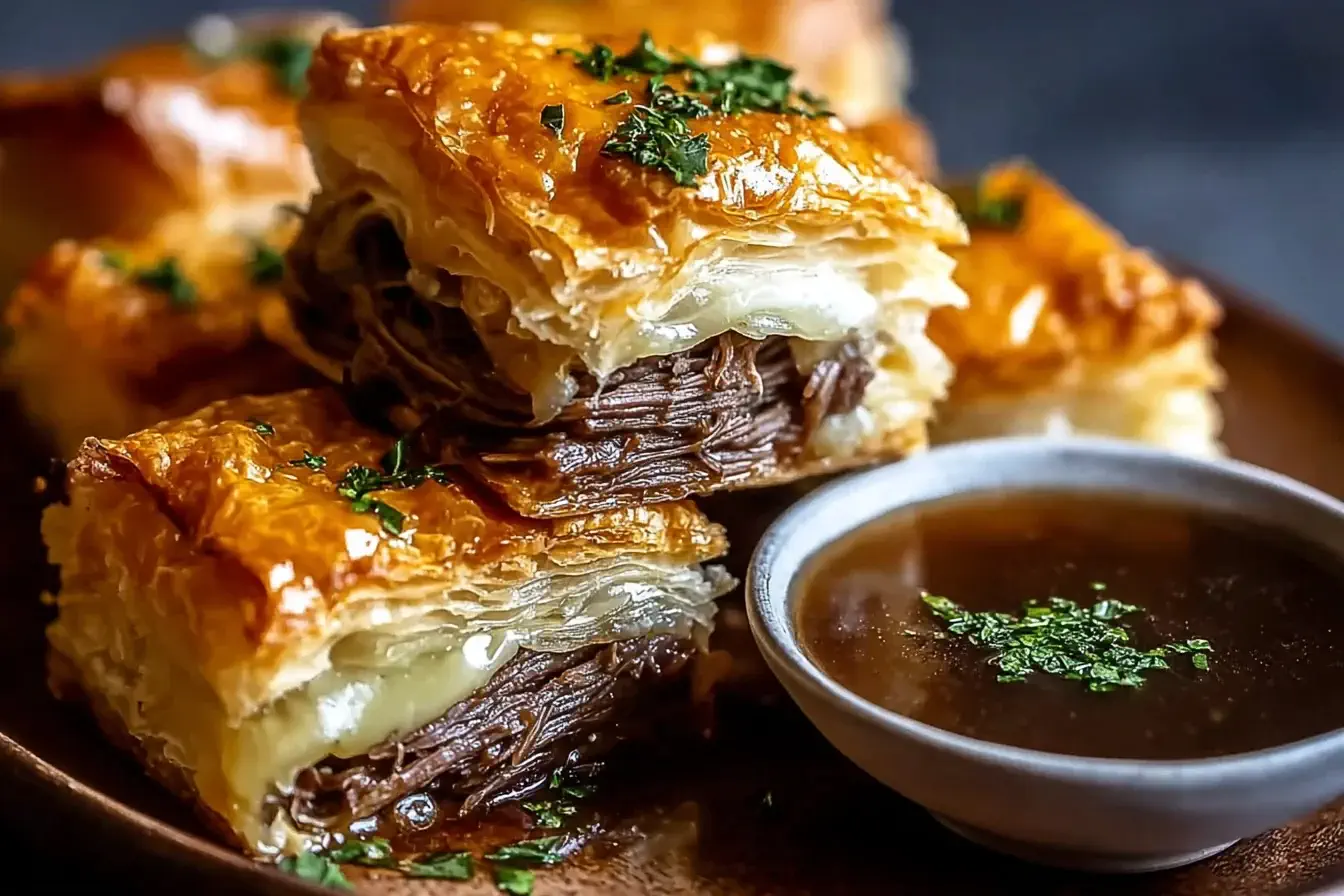 Golden, flaky French Dip Squares layered with tender roast beef and melted Swiss cheese served with a warm beef broth for dipping.