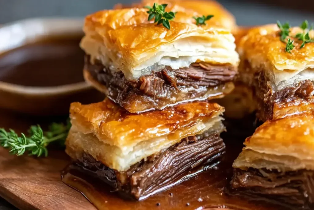 Close-up of golden, flaky French Dip Squares filled with tender roast beef and layered pastry, served with rich, savory au jus dipping sauce.